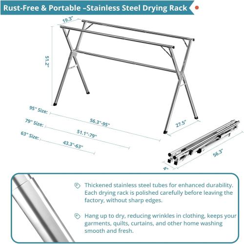 79 Clothes Drying Rack, Drying Rack Clothing Folding Indoor Outdoor | Heavy Duty Stainless Steel Laundry Rack, Foldable Portable Large Clothes Rack Garment Rack with 20 Windproof Hooks