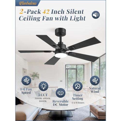 Fanbulous 2 Pack of 42 Inch Modern Ceiling Fans with Lights & Remote, Black