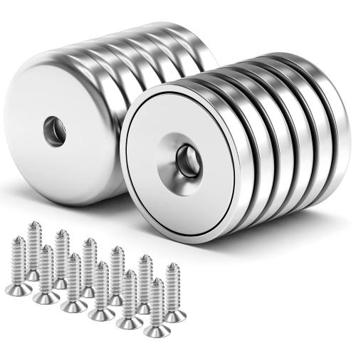 VNDUEEY Neodymium Cup Magnets, Strong Rare Earth Magnets 12 Pack 60LBS Round Base Disc Magnet Heavy Duty with Countersunk Hole and Stainless Screws for Kitchen Office Workplace Craft Holding Tools