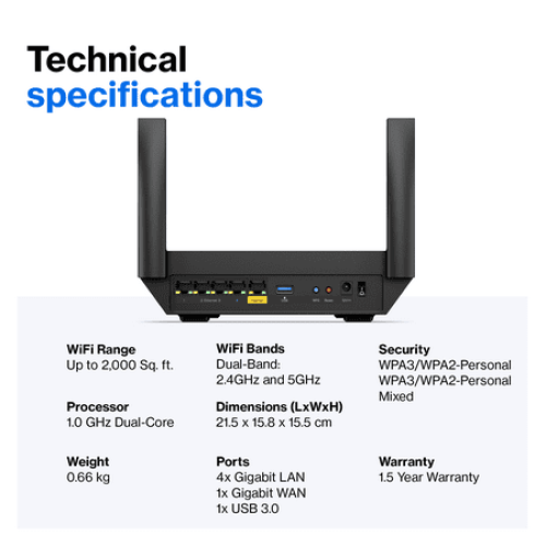 Linksys AX2200 Dual-Band Wi-Fi 6 Mesh Router, Up to 2.2 Gbps Speeds & 1,500 sq. ft. Coverage For Next-Level Connectivity