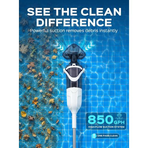 2026 Upgraded Cordless Handheld Pool Vacuum for Above Ground Pool, Rechargeable Small Pool Vacuum with Telescopic Pole, 60 Min Runtime, 14.1 GPM Suction, for Hot Tubs & Spas, Frost