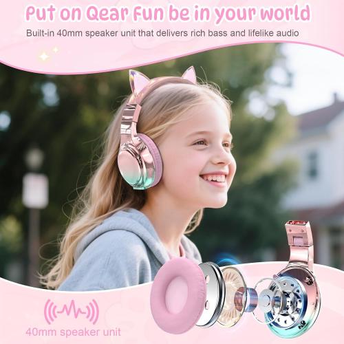 QearFun Kids Cat Ear Bluetooth Headphones, 60H, 74/85/94dB Volume Limit