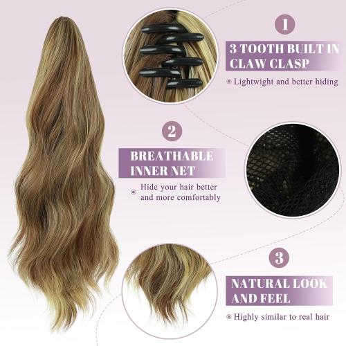 FELENDY Ponytail Extension 16 Claw Clip in Ponytails Hair Extensions Long Wavy Pony Tails Natural Looking Synthetic Hairpiece for Women Blonde Mix Light Brown