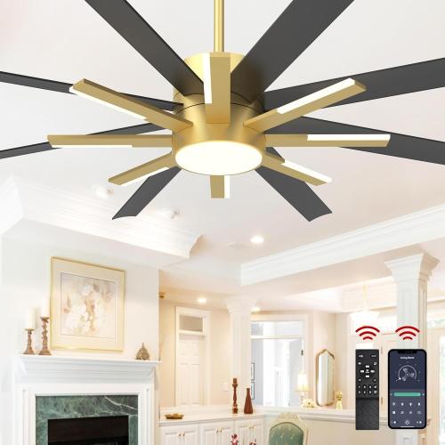 72 inch Large Ceiling Fans with Lights and Remote，Indoor/Outdoor Modern Ceiling Fan for Living Room Patio，6 Speed Reversible，8 Blades and 9 Lights，3 CCT，Black Gold