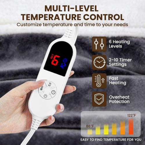 DAILYLIFE Wearable Heated Blanket with Foot Pocket, 52x72 Electric Blanket with Sleeves for 6 Heat Settings, 12 Hours Timer, Flannel & Sherpa, Charcoal