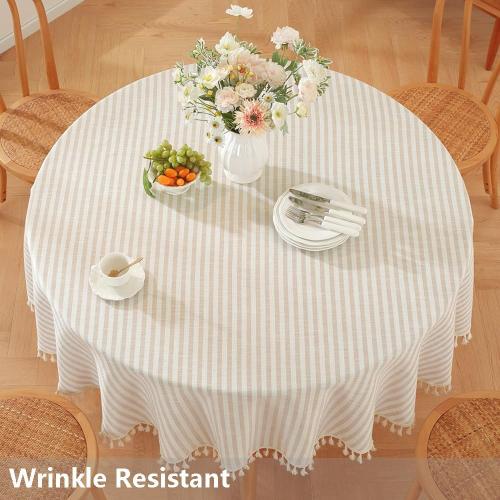 TruDelve Small Round Table Cloth 60 Inch Beige Striped Cloth Tablecloth Boho Fall Round Tablecloths for Outdoor Table Cover (Beige,60,Round)