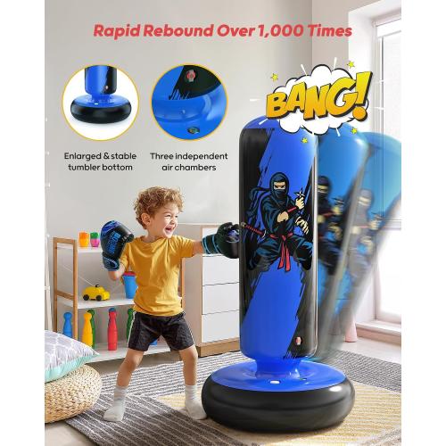 QPAU Punching Bag for Kids, 66 Inch Stable Inflatable Boxing Bag with Boxing Gloves, Stand Kids Punching Bag Toy for Boys & Girls Age 6-12, Boxing Set for Practicing Karate, Taekwondo, MMA