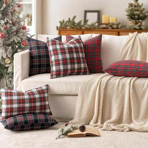 MIULEE Christmas Set of 2 Scottish Tartan Plaid Throw Pillow Covers Farmhouse Classic Decorative Outdoor Square Cushion Cases for Home Decor Sofa Couch 20x20 Inch, Red and White