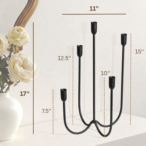 Perfnique 5-Candle Iron Candelabra, 17 Inch Antique Brass Black Candle Holder, Hand-Forged Cast Black Candle Holder for Wedding, Event, Christmas & Dining, Table Centerpiece Décor