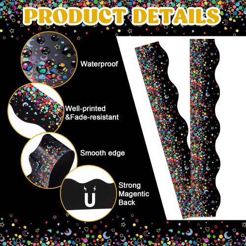 Capoda 24 Pcs Confetti Magnetic Borders for Bulletin Board Classroom Black Boarder Trim Whiteboard Blackboard Decorations Scalloped Strips Decor Chalkboard Office Home Elementary Kindergarten