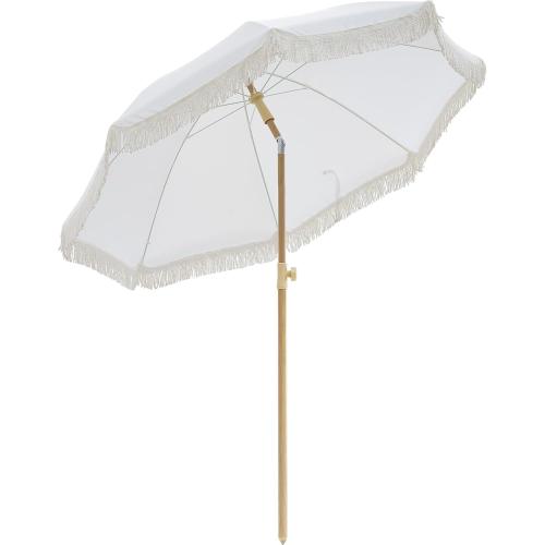 6.5FT Boho Patio Umberlla with Fringe,UPF50  Outdoor Umbrella with Fiberglass Ribs and Push Button Tilt,Tassels Umbrella for Beach,Terrace,Picnic