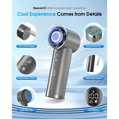 Portable Handheld Fan, 1-100 High Speed Small Hand Fan with Strap, Mini Powerful Fans with Ice Cooling, 4000mAh Personal Fans for Travel, Office, Outdoor, Gift, Gray Pro