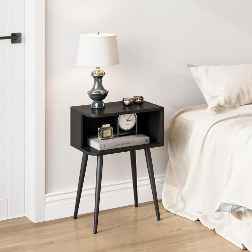 Black Nightstand Set of 2, Small Bed Side Table for Small Spaces, Mid Century Modern Nightstand End Table with Open Storage, Side Table for Bedroom Living Room, MLBZ20B-2
