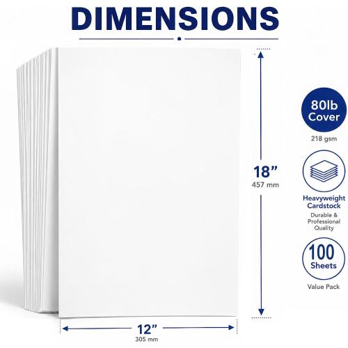 12 x 18 Cardstock Sheets For Inkjet or Laser Printers - Heavy 80lb Cover Matte Finish White - Great for Flyers, Menu's, Posters, Covers (100 Sheets)