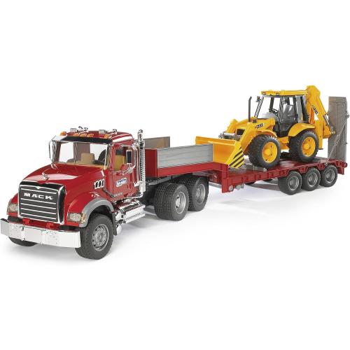 Bruder Toys 02813 Mack Granite Flatbed Truck with JCB Loader Backhoe