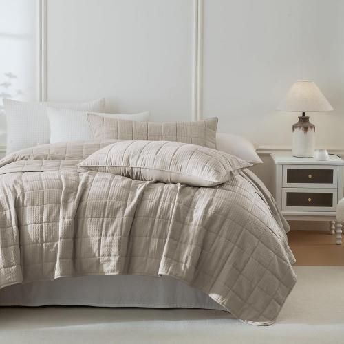 Masaca Oversized King Bedspread 118x106,Dark Khaki Waffle Weave California King Quilt Set Lightweight Extra Large Cal King Quilt Set Farmhouse Soft Luxury Coverlet 3 Pieces