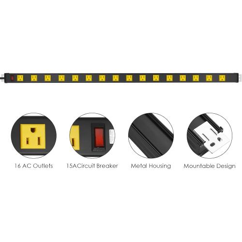 JUNNUJ Long Metal 16 Outlet Wide Spaced Power Strip, Yellow, 6 FT Cord | Heavy Duty Wall Mount Outlets for Garage Industrial Workshop, ETL Listed, 15A, 125V, 1875W