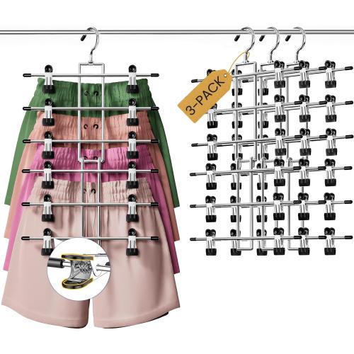 DAMITA Skirt Pants Hangers with Clips Space Saving Hanging Closet Organizer 6 Tiers Hanger with 360° Swivel Hook, Finger-Safe Design- College Dorm Room Apartment Essentials 3-Pack