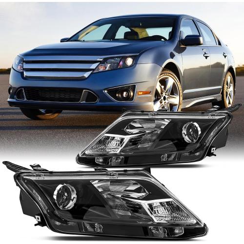 Pair Headlight Assembly Set For 2010 2011 2012 Ford Fusion S SE SEL Hybrid Sport Sedan Replacement Halogen Headlamps Matte Black Housing Clear Lens Passenger and Driver Side Front Bumper Lights(LH&RH)