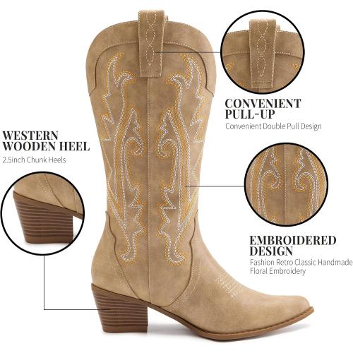 Size 7.5 Athlefit Women's Embroidered Western Cowboy Boots Mid Calf light brown