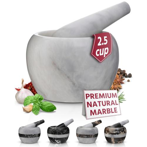 Gusto Nostro Natural Marble Mortar and Pestle Set | 5 Inch - 2.5 Cup Large Mortar Pestle Set for Grinding Herbs, Nuts, Grains | Pesto Grinding and Guacamole Stone Bowl | Marble Spice Crusher
