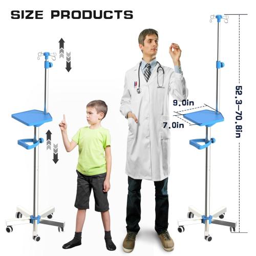 IV Pole with Wheels Medical Portable IV Stand with 4 Hooks and Tray, 52.3“ to 70.8” Height Adjustable, IV Pole Stand for Hospital, Home and Outdoor Use