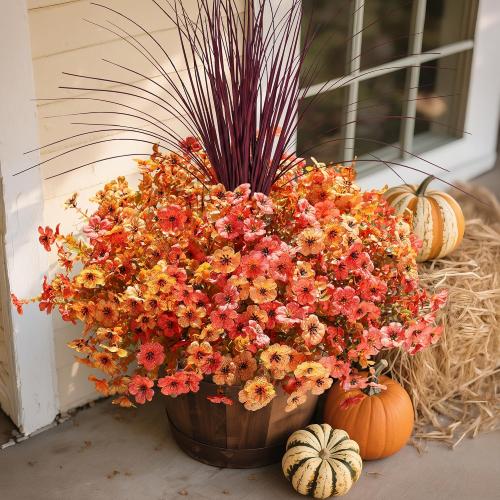 Fall Flowers Artificial Mums for Outdoors Autumn Decor, 12 Bundles Fake Fall Mums with 1 pcs Burgundy Grass UV Resistant Realistic Faux Flowers for Outside Home Porch Patio Planter Yard, Orange Yellow