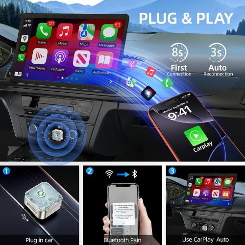 Wireless CarPlay Adapter, 5.8G Quad-Core Chip No Latency, Aerospace Silicone Cooling, Zn-Alloy & Diamond Panel, Plug & Play Wired to Wireless CarPlay Adapter