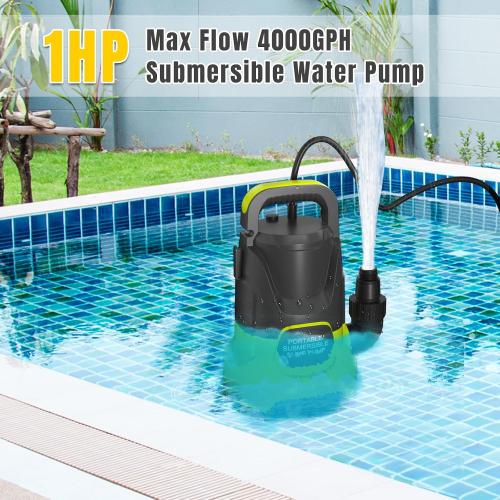 Portable Sump Pump 1 HP Submersible Water Draining Pump 4000 GPH Clean/Dirty Electric Water Transfer Pumps with Adapters for Pool Basement Garden Spa Hot Tub Pond Flood Yard Water Tank