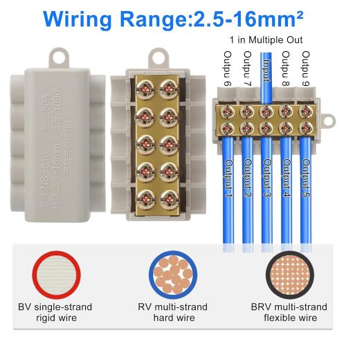 Linkstyle 6PCS 6 AWG Wire Connector Nut Kit, 80A 14-6 Gauge Screw-Fixed Type Quick Wiring Splicing Compact Brass Terminal Butt Connectors, 1 in 9 Out