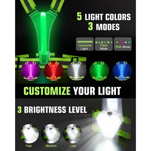 Zacro LED Reflective Vest with Chest Light 500LM, 5 RGB Colors High Visibility Rechargeable Light Up Running Vest IPX4 Night Safety Running Gear for Dog Walking, Cycling, Adjustable for Men Women Kids