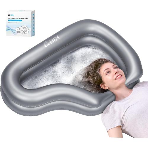 Portable Inflatable Shampoo Basin for Bedridden Elderly, Hair Washing Bowl with Drain Hose & Neck Support, PVC Inflatable Shampoo Bowl for Bedridden Patients, Disabled, Seniors, Kids, Home Care