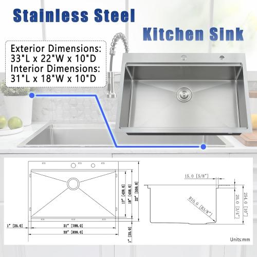 33 x 22 Drop In Kitchen Sink with Faucet Combo - 33x22 Drop In Sink and Faucet Combo Set,Stainless Steel 10 Inch Deep Single Bowl Workstation Sinks with Accessories