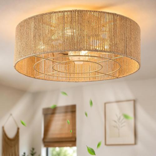 Boho Rattan Caged Fandelier Ceiling Fans with Lights and Remote Control