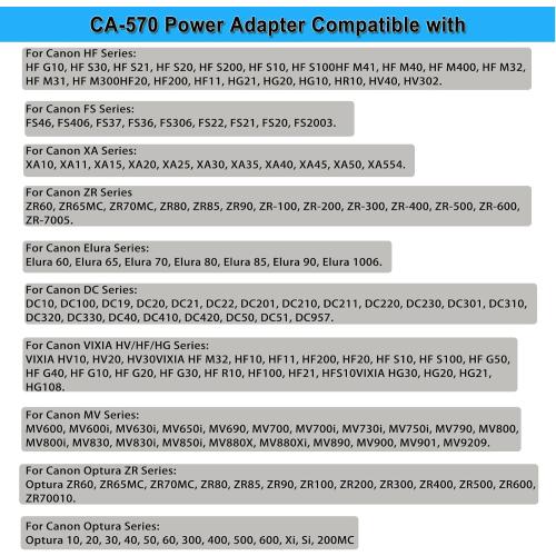 CA-570 for Canon Camcorder Charger, DC in 8.4V Compact Power Adapter, Compatible with Canon ZR200 ZR300 ZR500 ZR85, Optura 10 20 30, HF FS XA Elura DC VIXIA HV HG MV Series etc.