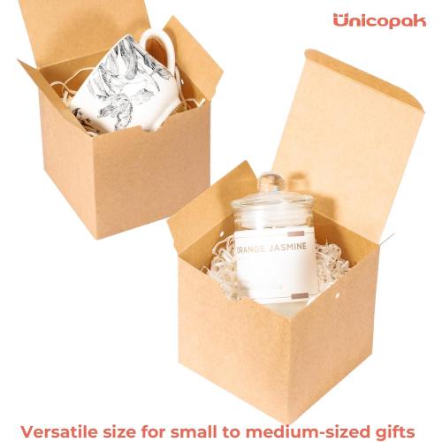 UnicoPak 10 Pack 4x4x4 Small Brown Gift Boxes with Lids & Twine - Premium USA Kraft Cardboard - Pop-Up Easy Assembly Gift Boxes for Presents, Candles, Mugs, Ornaments, Favors