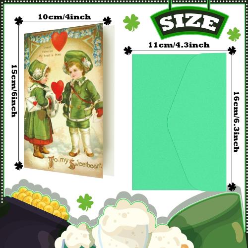 Yinder 24 Set St Patrick's Day Cards with Envelopes Vintage Green St Patrick's Day Shamrock Greeting Cards Retro Clover Irish Cards for Party Classroom Home Office Business (Cute Style)