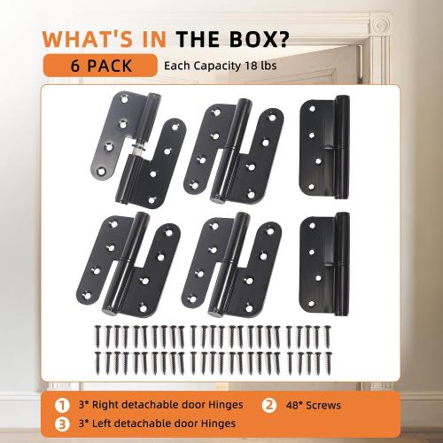 6-Pack Black Heavy Duty Lift Off Hinge, 4 X 3.5 Inch H-Shaped Door Hinges