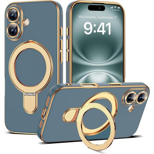 Plating Phone Case for iPhone 16 with Stand 6.1, Grey Blue
