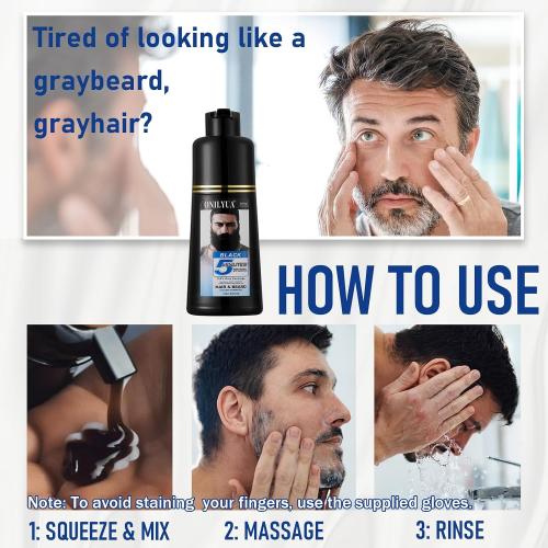 Men's Long-Lasting Black Hair Dye & Root Touch Up for Gray Coverage - 5 Minute Natural Beard & Mustache Coloring Shampoo 3-in-1
