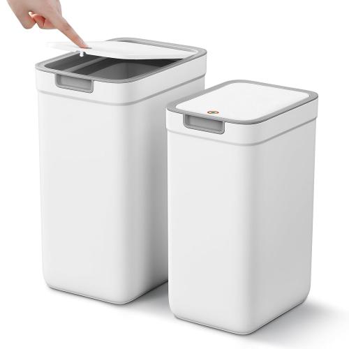 MOPALL 2 Pack Bathroom Trash Can with Lid, 3.6Gal   2.4Gal Garbage Can with Pop-Up Lid, Small Trash Can Dog Proof, Slim Trash Bin Waste Basket for Toilet, Office, Bedroom, Living Room, Kitchen (White)