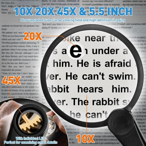 30X 40X 60X Rechargeable Magnifying Glass with Light, Large 5.2-Inch