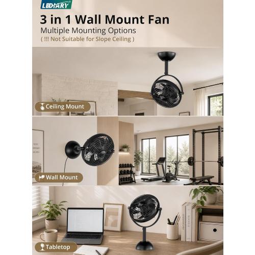 LEDIARY 10 Small Wall Mount Fan with Remote Plug in Cord, Black