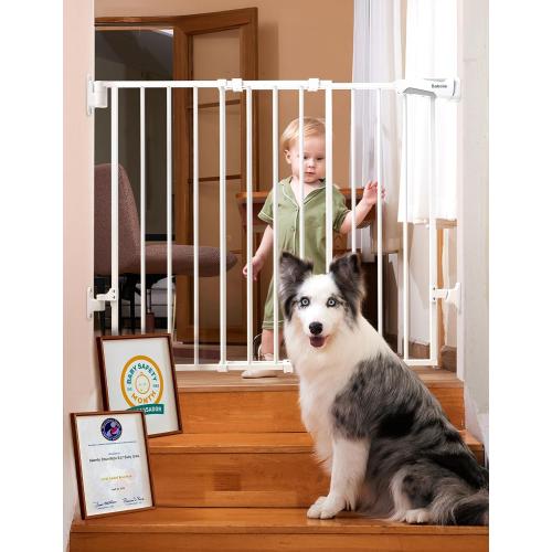 Babelio Baby Gate for Stairs, Kitchen & Doorways, 26-43 W 28 H No Bottom Bar| Easy Installation| One-Handed Operation| Auto-Close| Hardware Mount (Drill Needed) Safety Dog/Pet Gate Indoor (White)