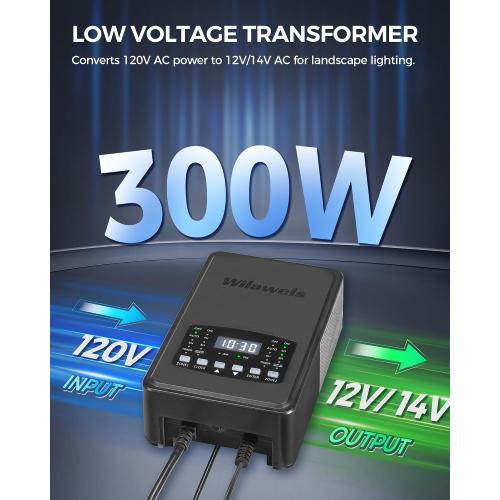300W Low Voltage Landscape Transformer, 2 Zone Independent Control Landscape Lighting Transformer, 120VAC to 12/14V AC Low Voltage Transformer with Timer & Photocell Sensor ETL Listed D22LT06