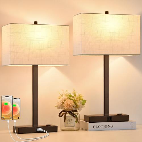 21 Touch Bedside lamps with 2 USB & AC Outlets, 3-Way Dimmable Bedside Table Lamps Set of 2 for Bedroom Living Room Office Reading, White Shade Lamps for Night Stands, 2700K LED Bulbs Included