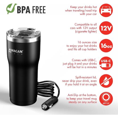 Wagan EL6101 12V Travel Car Heated Mug Portable 16oz Coffee Cup Tumbler