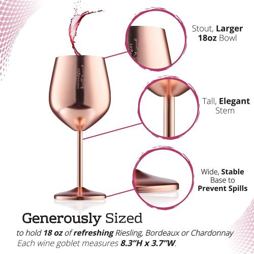 Gusto Nostro Stainless Steel Wine Glass - 18 oz - Unbreakable Rose Gold Wine Glasses for Travel, Camping and Pool - Fancy, Unique and Cool Portable Metal Wine Glass for Outdoor, Picnics (Set of 2)