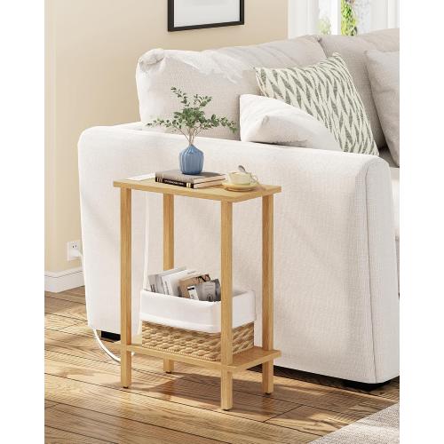 TUTOTAK Narrow Side Table, 2-Tier Small End Table with Charging Station