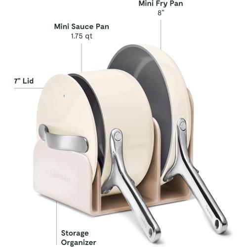 Caraway Non-Stick Ceramic Mini Cookware Set | Ceramic Fry Pan (1.05 qt, 8) Sauce Pan (1.75 qt) and Storage Rack, Non Toxic, PTFE & PFOA Free, Cream